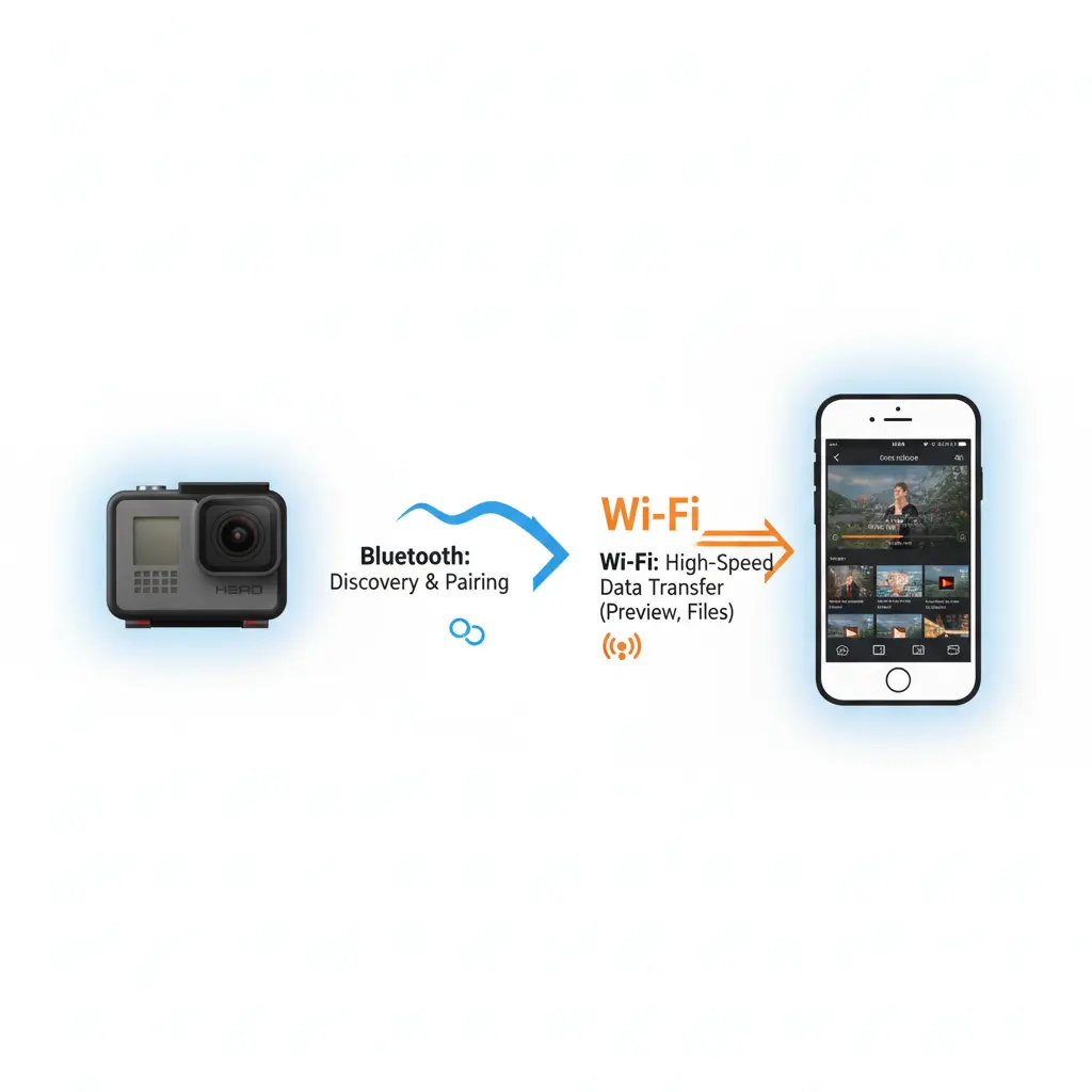 GoProとスマートフォンがBluetoothでペアリングし、Wi-Fiでデータ転送する接続の仕組みを示すイラスト
