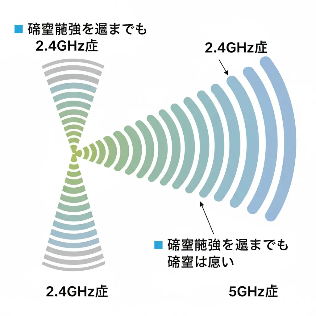 障害物に強く遠くまで届く2.4GHz帯と、高速だが障害物に弱い5GHz帯のWi-Fi電波の特性の違いを視覚的に比較した図