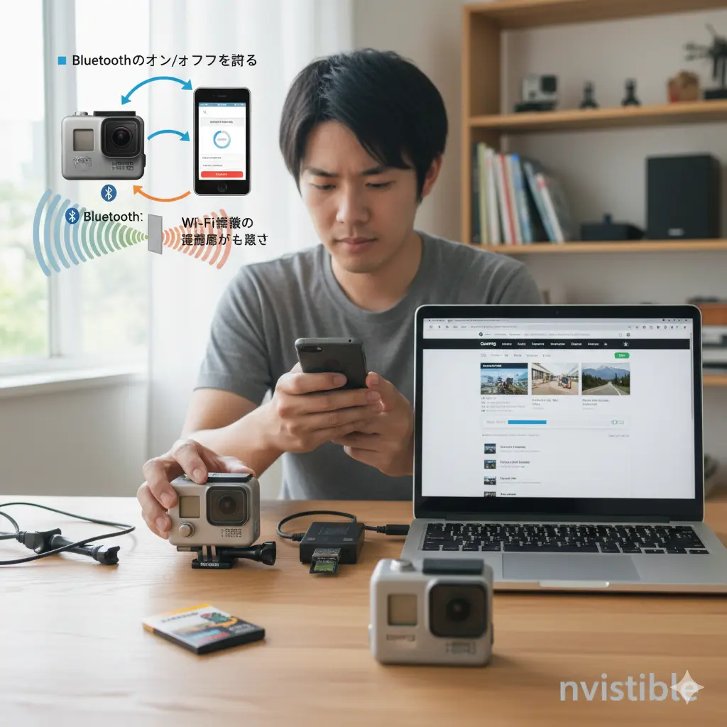 すべての設定がリセットされることを示す工場出荷時リセットのアイコンとGoProカメラ本体を並べたイメージ画像