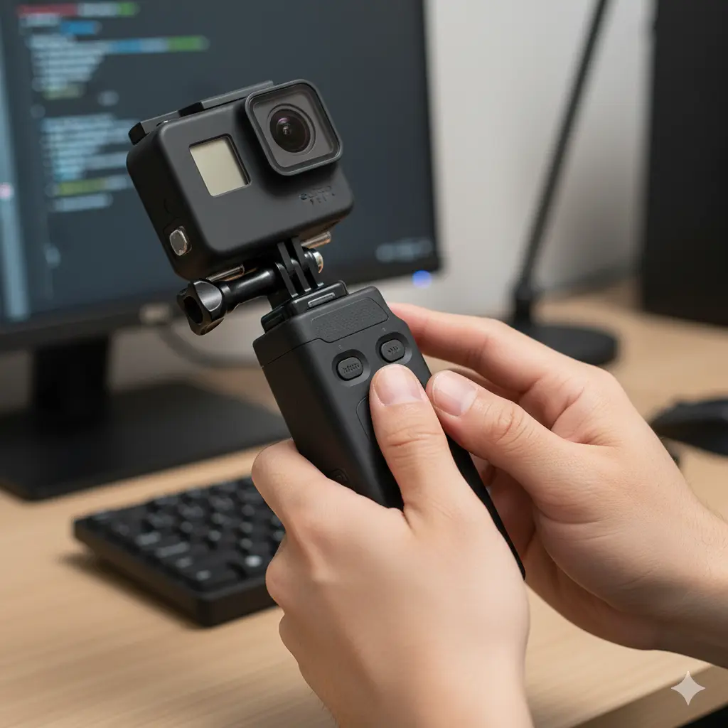 GoPro Voltaのモードボタンとシャッターボタンを同時に押してリセットを試みる日本人の手元。