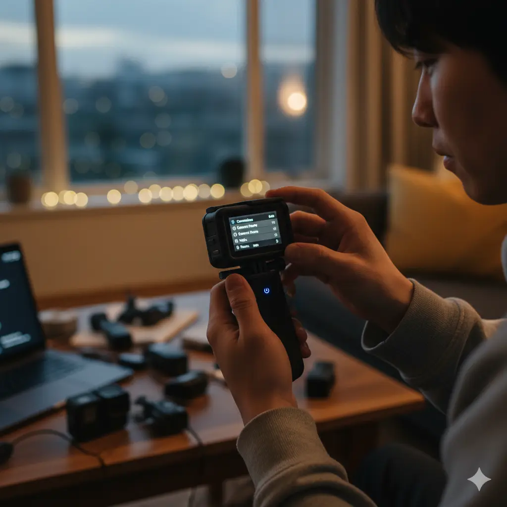 GoProとVoltaのペアリングがうまくいかず、GoProカメラのディスプレイを操作する日本人の手元。