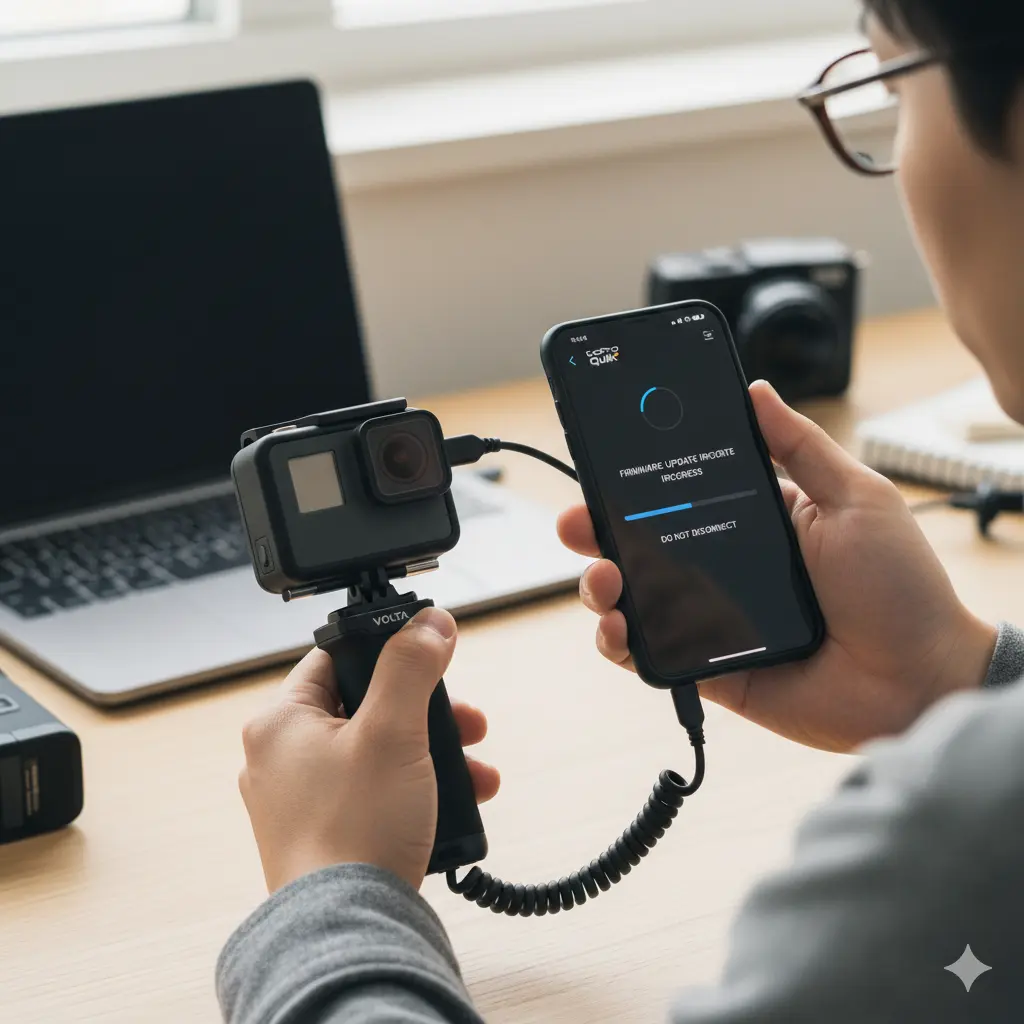 スマートフォンアプリQuikとGoProをWi-Fiで接続し、ファームウェアアップデートを行う日本人の手元。