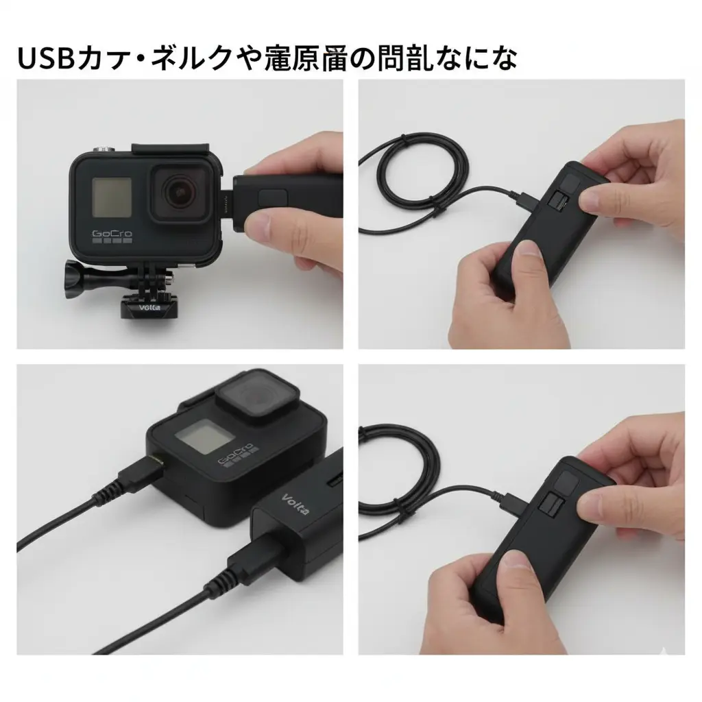 GoProにメディアモジュールを装着した状態でVoltaと接続しようとし、うまくいかずに困っている日本人の手元。