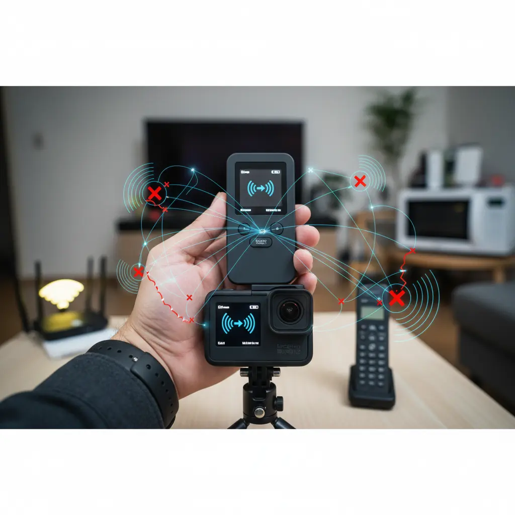 GoProカメラとThe Remoteが接続不良を起こし、周囲の電波干渉によって通信が妨げられている様子。解決策を模索するユーザーの手元がクローズアップされている。