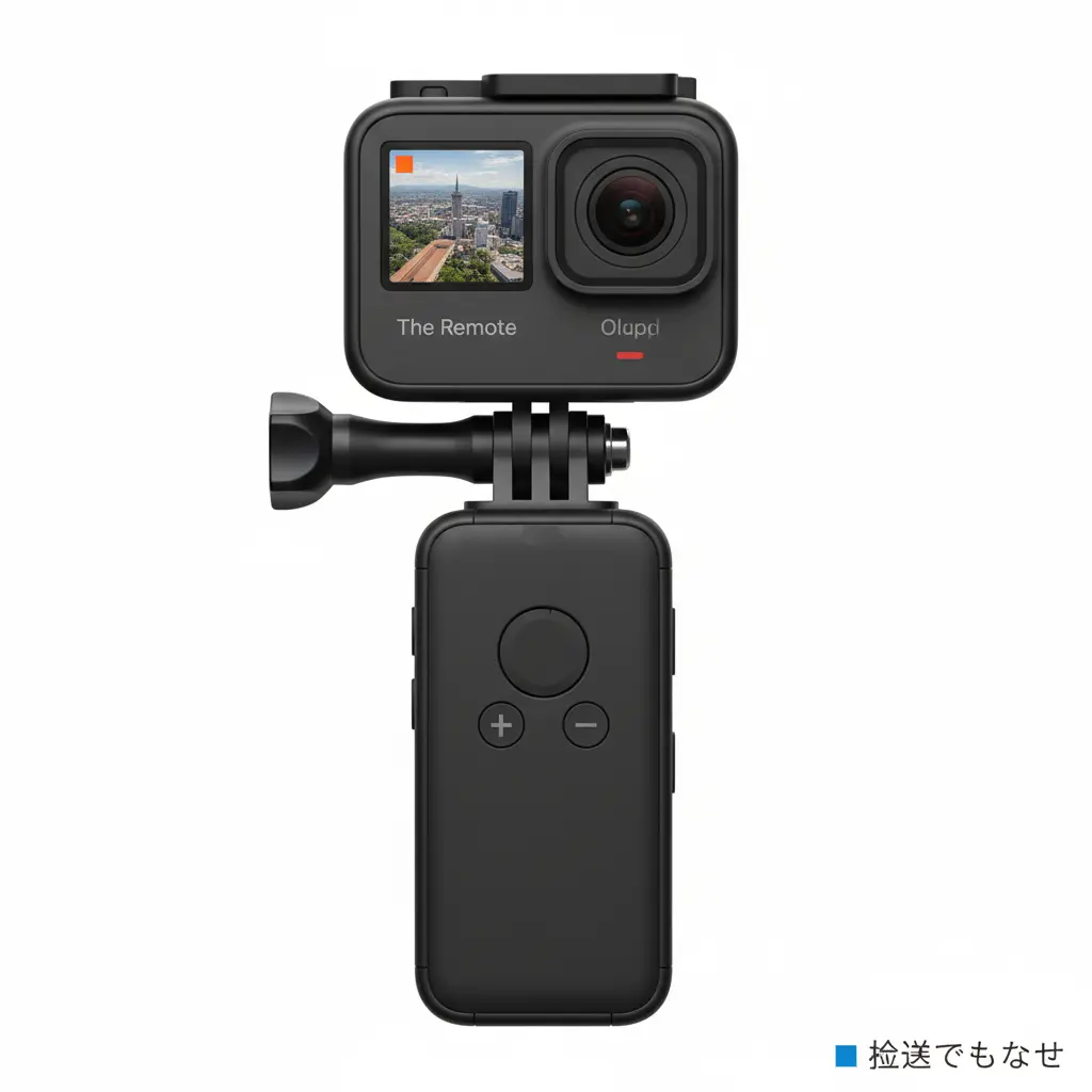 GoProカメラとThe Remoteが接続された状態で、カメラのファームウェアを最新バージョンに更新している様子を示す図。スマートフォンアプリの画面も表示されている。