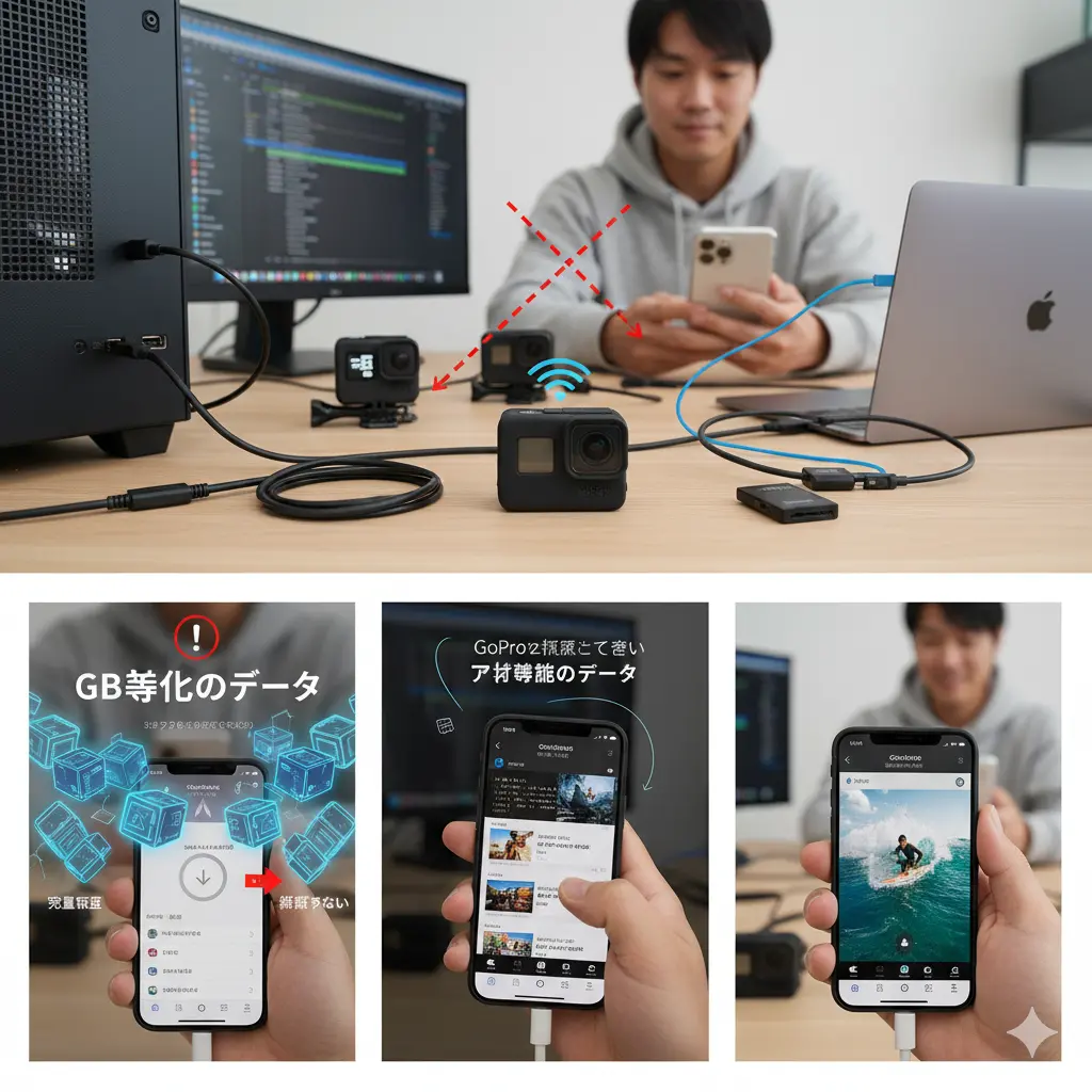 GoProとiPhone、MacBook、デスクトップPCが様々なケーブルや無線で接続された作業環境で、日本人の男性がiPhoneを操作しながら困った表情をしている様子。AirDropでの接続失敗を暗示している。