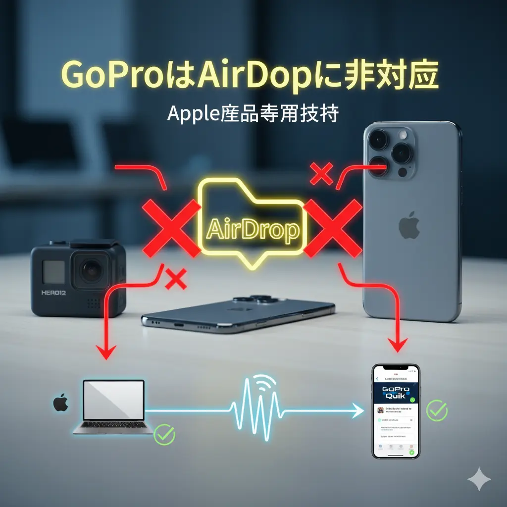 GoProとiPhoneの間でAirDropが機能しないことを示す図。GoPro Quikアプリを介してiPhoneにデータを転送する正しい経路が示されている。