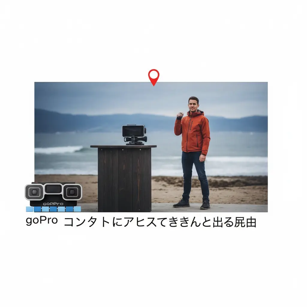 ビーチでGoProを操作する日本人の男性。GoPro QuikアプリがGoProコンテンツにアクセスできないというエラーメッセージをiPhoneに表示している様子。