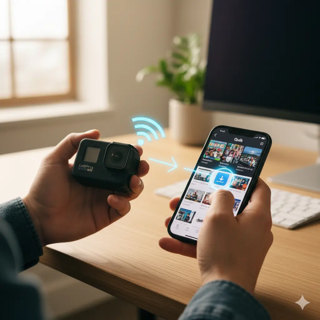 日本人の男性がGoPro Quikアプリを使い、GoProからスマートフォンへ無線で動画をダウンロードしている様子。ダウンロードアイコンとWi-Fi接続を示す矢印が描かれている。