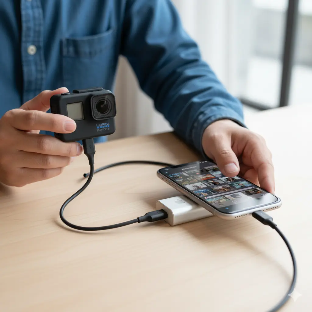 日本人の男性がGoProとiPhoneをUSBケーブルで有線接続し、アダプタを介してGoProのデータをiPhoneに転送している様子。確実なデータ転送方法を示している。