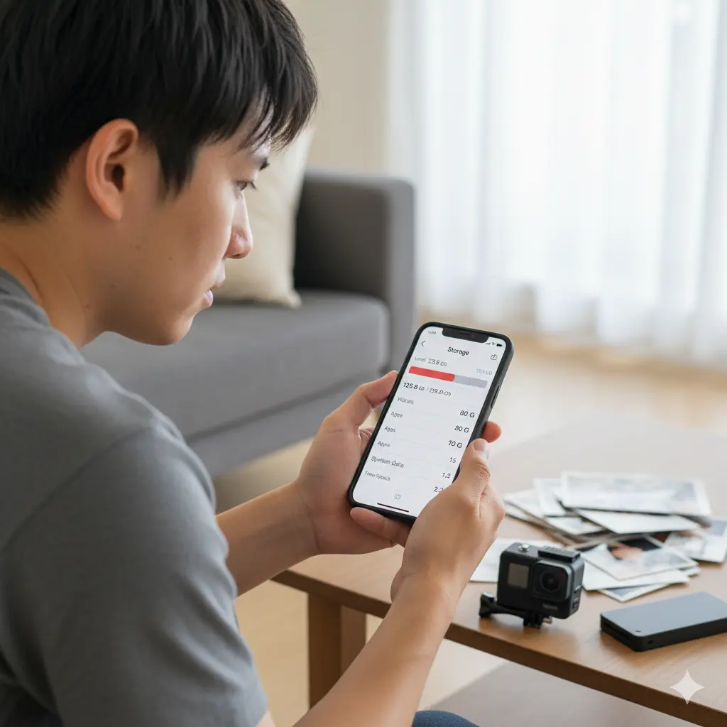 リビングでスマートフォンを操作し、ストレージ容量の表示画面を確認している日本人男性。テーブルにはGoPro本体と撮影された写真が置かれている。