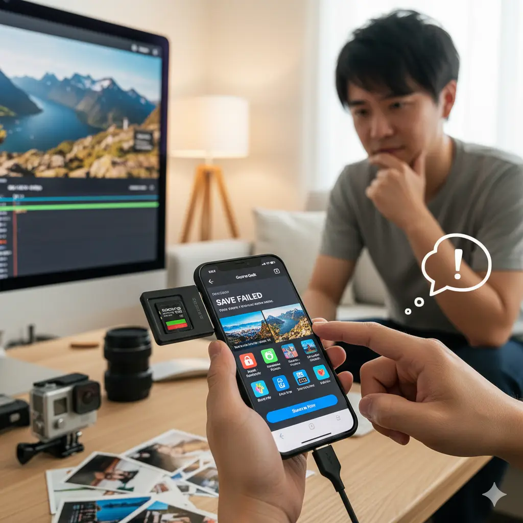 GoPro Quikアプリで動画の保存に失敗し、GoProとSDカードリーダーを接続したスマートフォンを見つめる日本人男性。背後には動画編集中のPCモニターが見える。