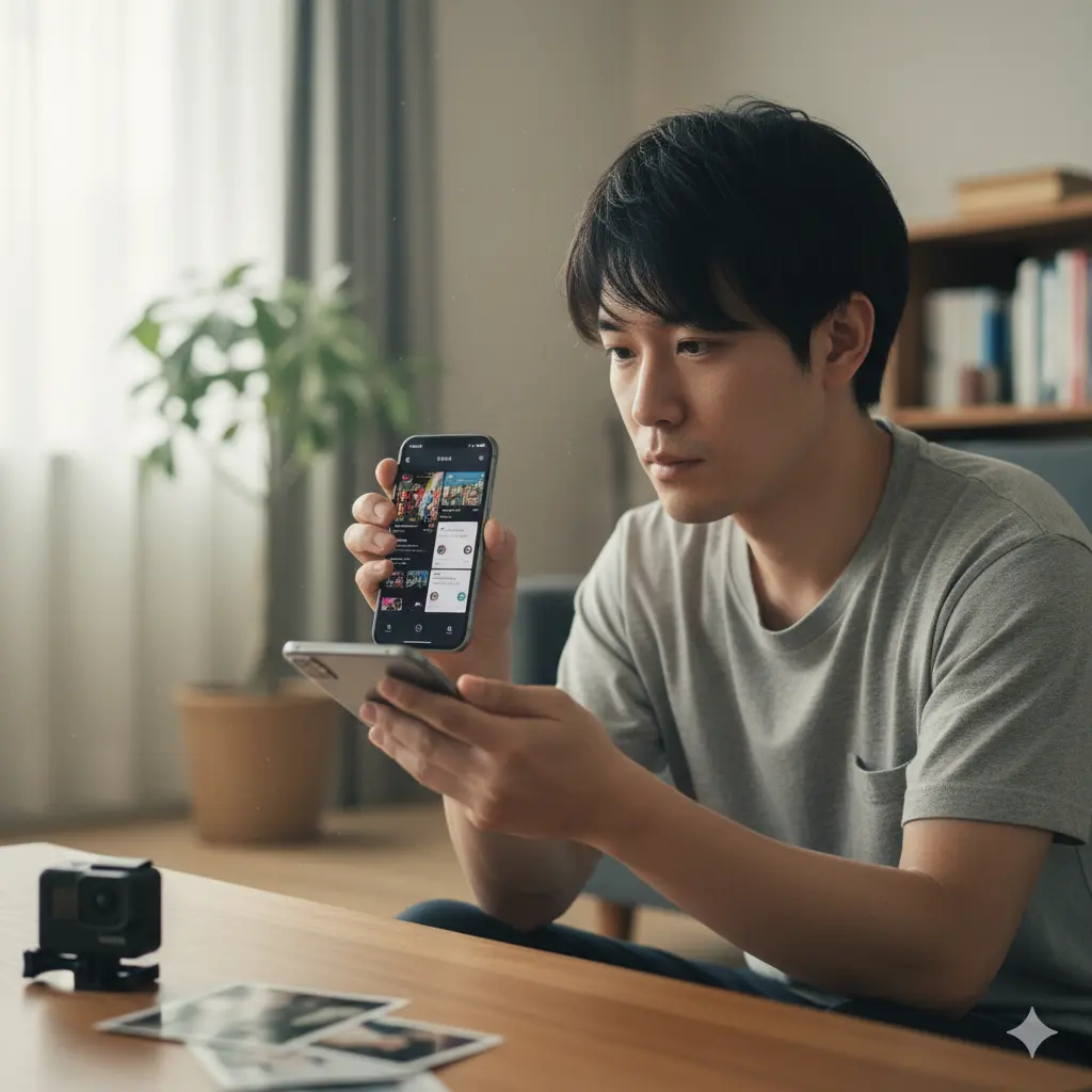 リビングでスマートフォンを2台持ち、GoPro Quikアプリが正常に動作しない状況を比較検討している様子の日本人男性。手前にはGoPro本体が置かれている。