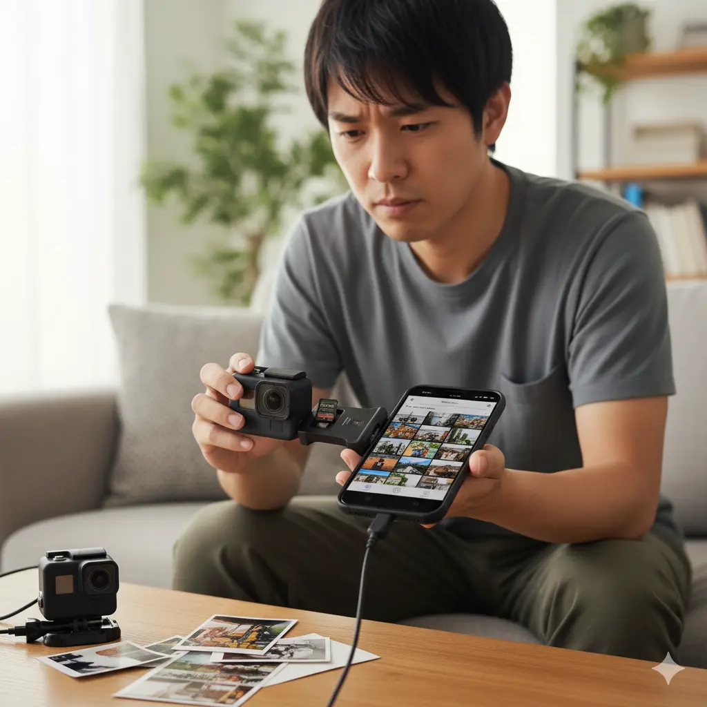 リビングでスマートフォンにSDカードリーダーを接続し、GoProから取り出したSDカードを挿入して動画ファイルを転送している日本人男性。手元にはGoPro本体も見える。