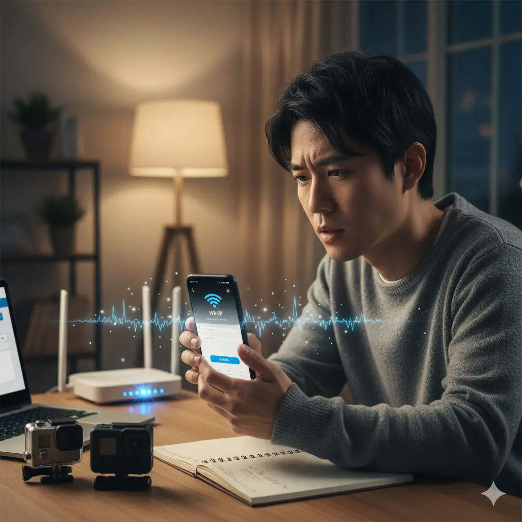 自宅のリビングでWi-Fiルーターの状態を確認しながら、スマートフォンを操作して接続設定を見直している日本人。