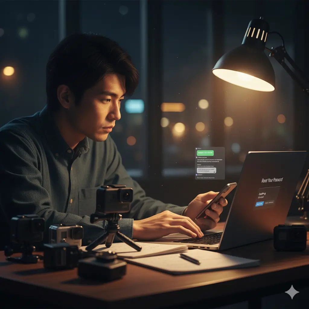 ノートパソコンを使い、GoPro公式サイトでパスワードの再設定手続きを行っている日本人の手元。