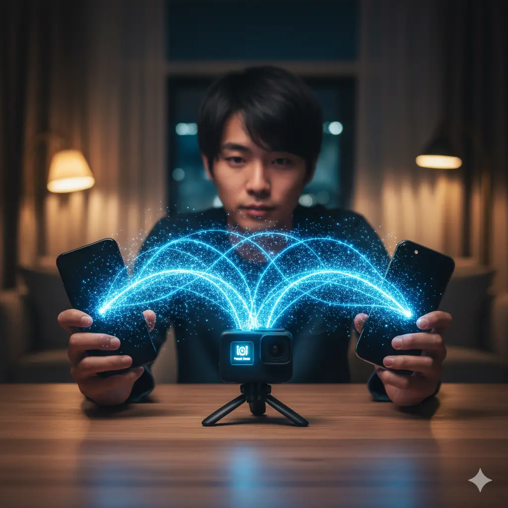 テーブルの上に置かれたGoProカメラとスマートフォンの間で、Bluetooth接続が再確立される様子を示す抽象的なイメージ。