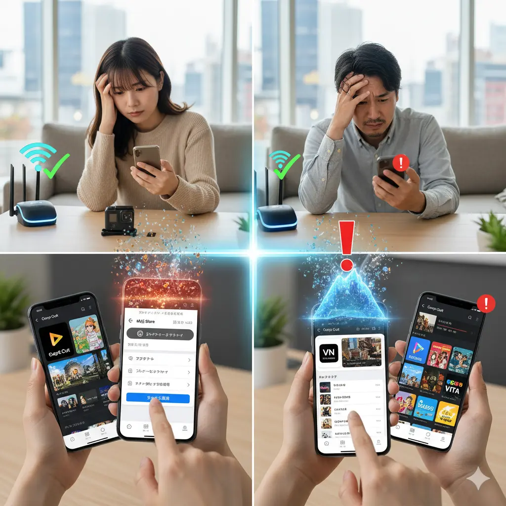 自宅でGoPro Quikの自動編集ができないことに困っている日本人男女と、スマートフォンで代替アプリを検討する様子