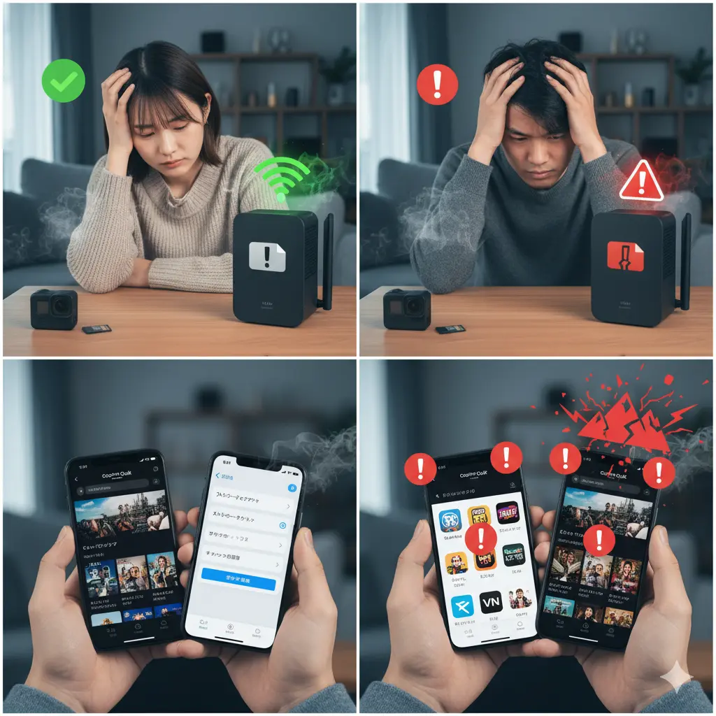 GoPro Quikの自動編集ができない原因として、スマートフォン画面に表示されたキャッシュ、ストレージ、最新バージョン、Wi-Fi接続、メディア破損のアイコン