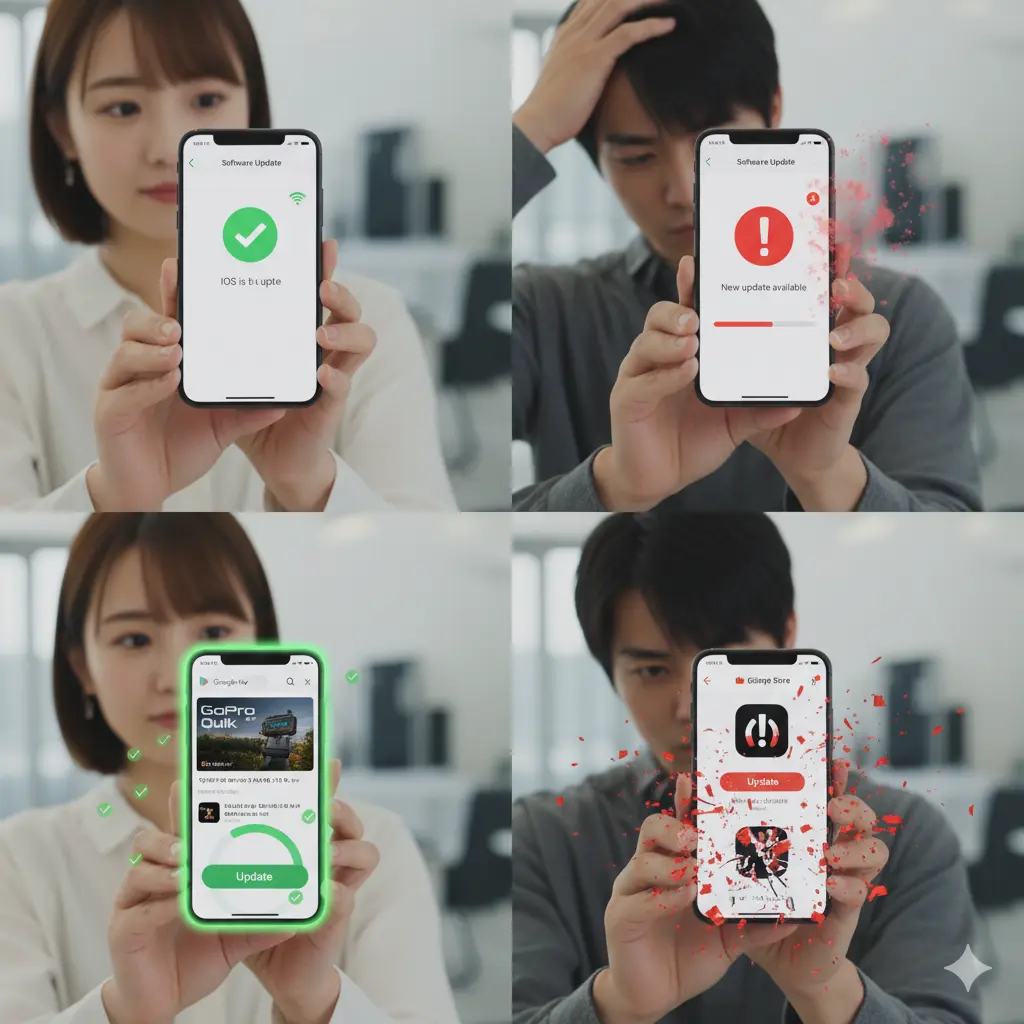 スマートフォンでGoPro QuikアプリとOSのアップデート状況を確認する日本人男女