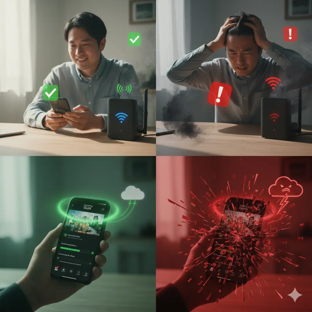 安定したWi-Fi接続でGoPro Quikを使用できる男性と、不安定な接続で困っている男性、そしてクラウド同期の状況を示すスマートフォン画面