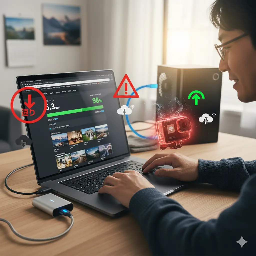 パソコンとGoPro、SDカードリーダーが接続され、GoProからクラウドへのアップロードが遅い状況と、高速化のイメージを表現した画像