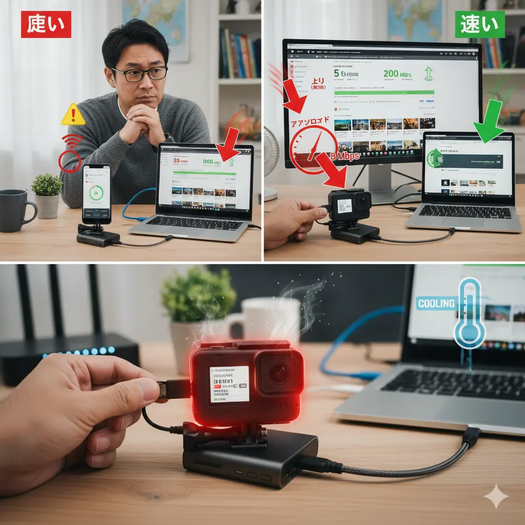 GoProのアップロードが遅い原因と解決策のイメージ。左上はGoPro本体からの遅いアップロード、右上はPCと有線接続による高速化、下はGoProの発熱対策。