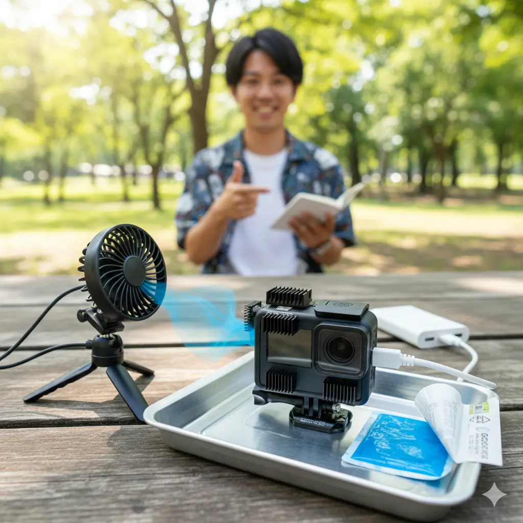 夏の公園でGoProと100均の冷却グッズを使って撮影準備をする日本人男性