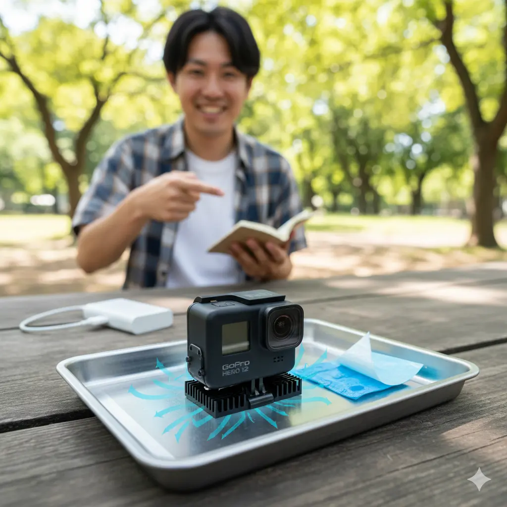 GoProをアルミトレーの上に置き、ヒートシンクや冷却シートで熱対策をする様子。奥には笑顔の日本人男性。