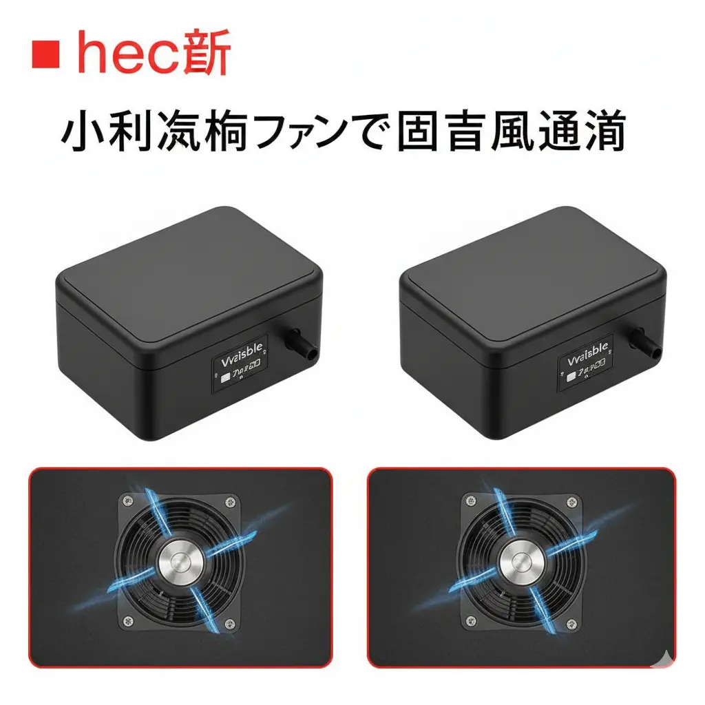 小型冷却ファンがGoProに風を送っているイメージ。