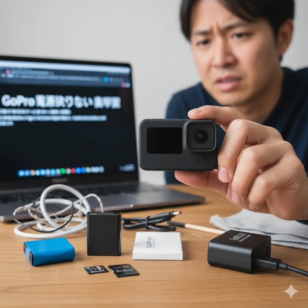 机の上でGoPro本体と周辺機器を前に、電源が入らず困惑する日本人男性が、GoPro本体の画面が真っ暗な状態を見つめている様子。背景には「GoPro電源入らない真っ暗」と検索されたパソコンの画面が見える。