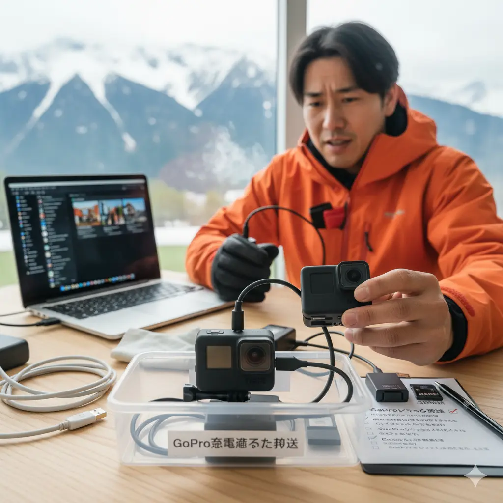 雪山を背景に、オレンジ色のジャケットを着た日本人男性がGoProのSDカードを抜いて、別のGoProに挿し替えようとしている。手前には複数のGoPro関連の充電器やケーブル、そして「GoPro充電器るた」と書かれたクリアな収納ボックスとチェックリストが写っている。