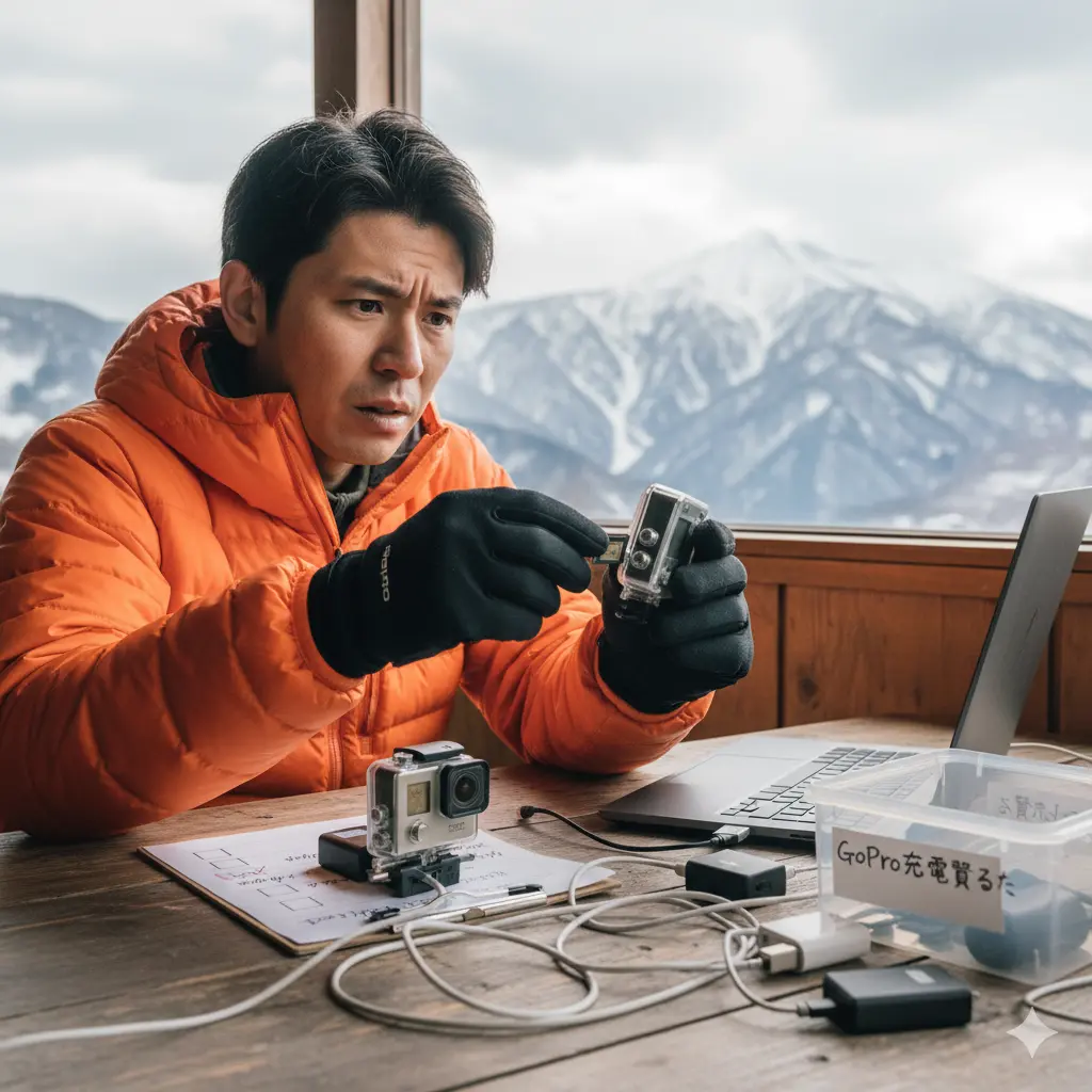 雪山を背景に、オレンジ色の防寒ジャケットを着た日本人男性が、冷えて電源の入らないGoProにバッテリーを入れ直し、作動を試みている。机の上には充電器やケーブル、そして「GoPro充電器るた」と書かれた収納ボックスがある。