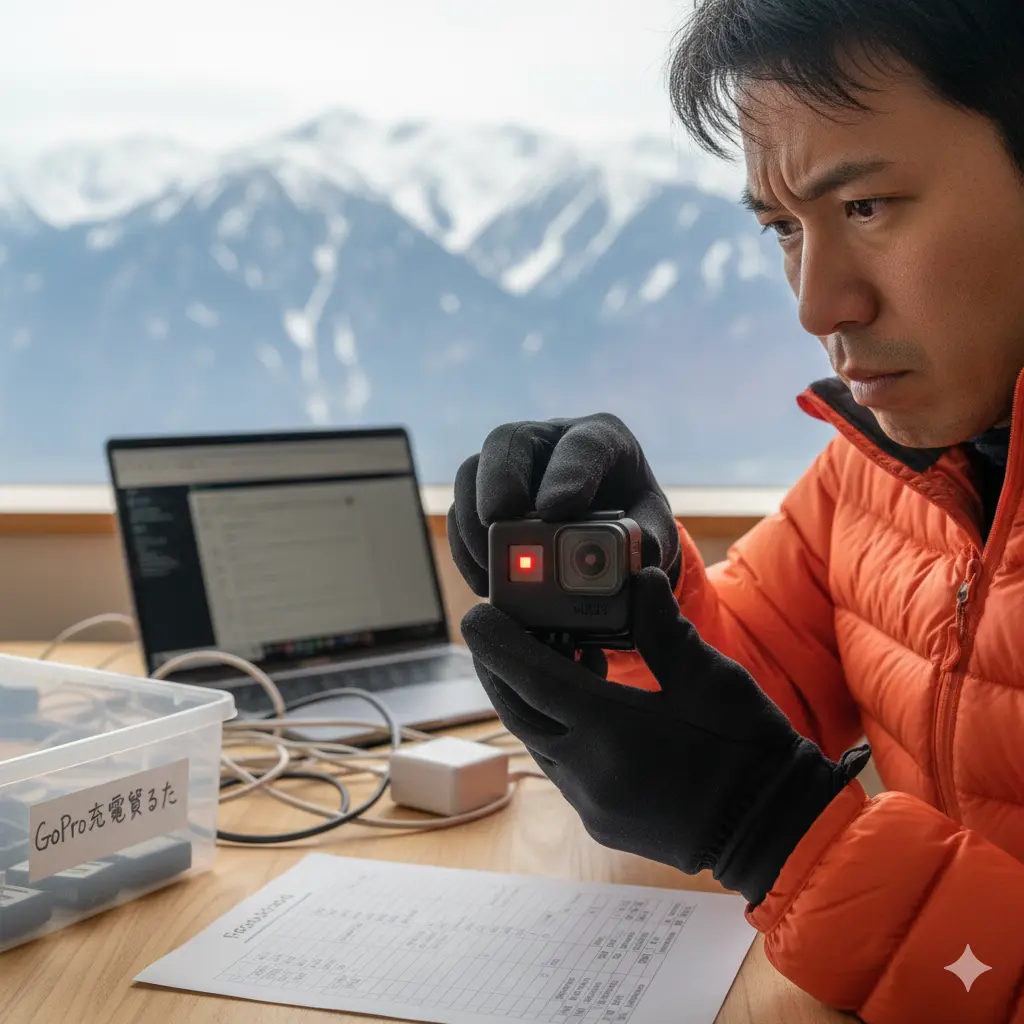 雪山を背景に、オレンジ色の防寒ジャケットを着た日本人男性が、手袋をはめた手でGoProのモードボタンを長押しし、赤いランプが点灯したGoProを見つめている。机の上には充電器やケーブル、そして「GoPro充電器るた」と書かれた収納ボックスがある。