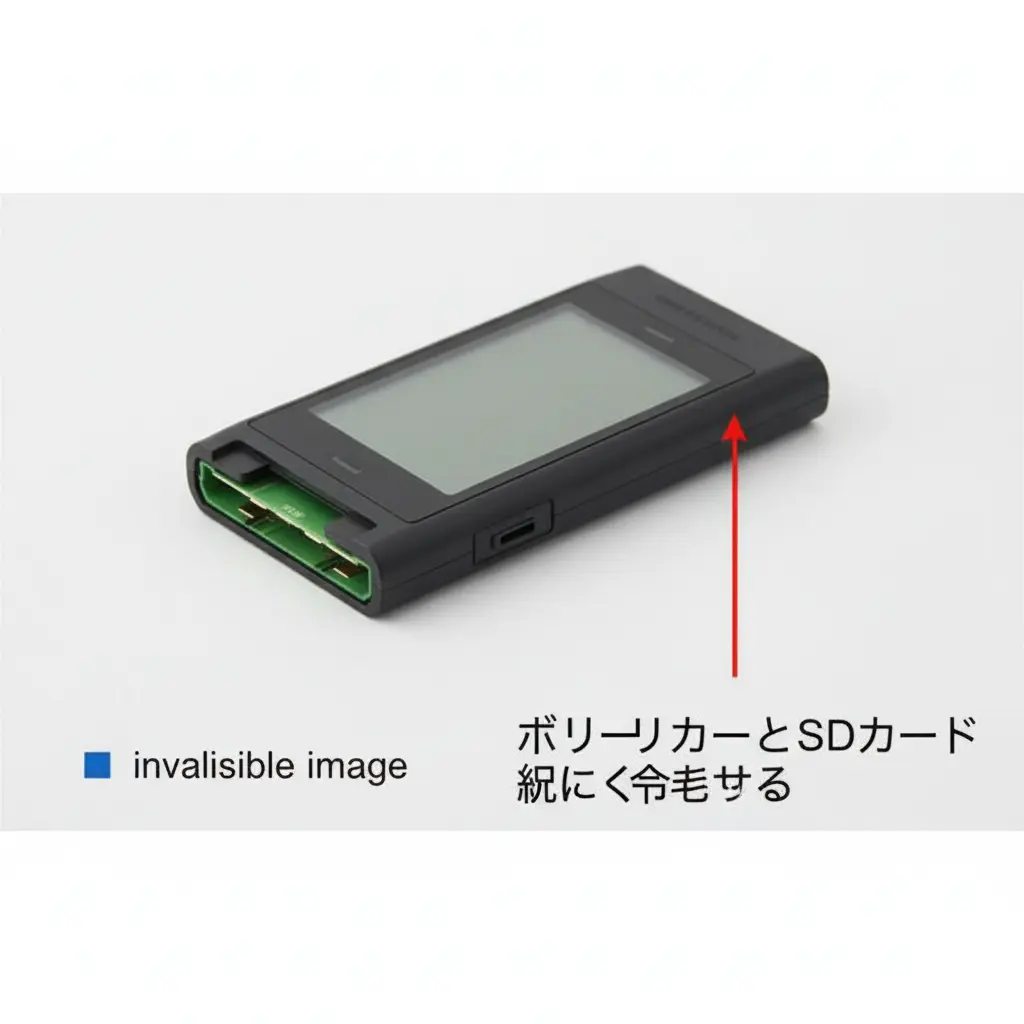 GoProのバッテリーとSDカードが挿入された状態のGoPro本体の側面をクローズアップ。SDカードの抜き差し方法が視覚的にわかる。
