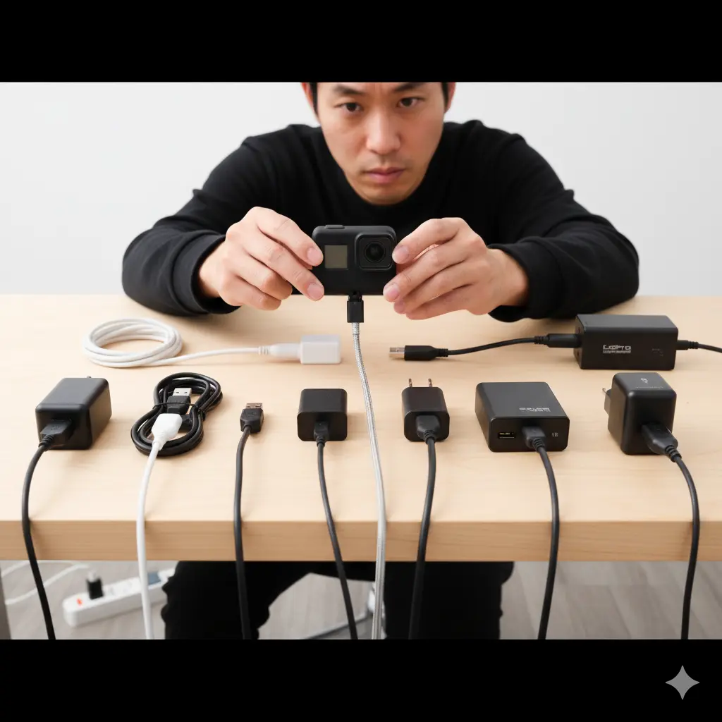 GoProを充電するための様々な種類のUSBケーブルとACアダプターが机の上に並べられている。中央では日本人男性がGoProを手に持ち、充電器を比較検討している。