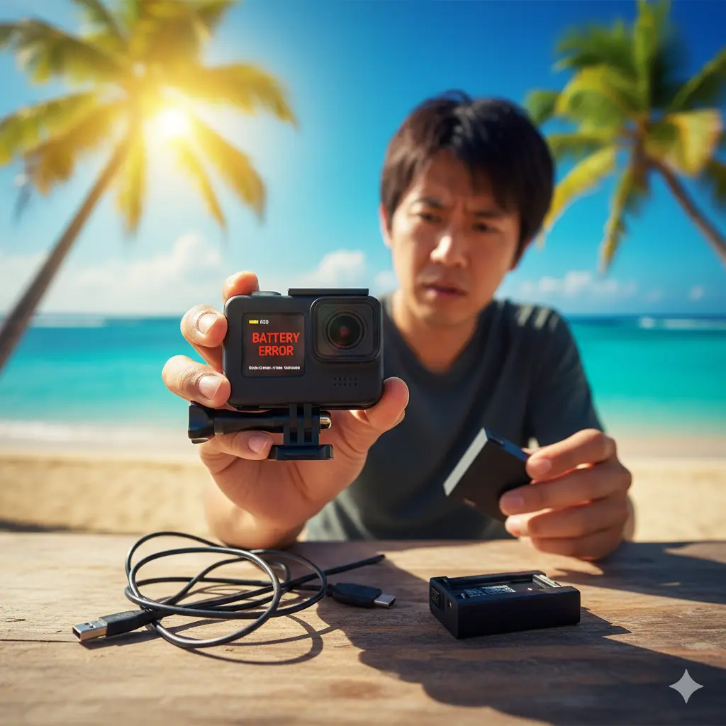 ビーチでGoProのバッテリーエラー表示に困惑する日本人男性