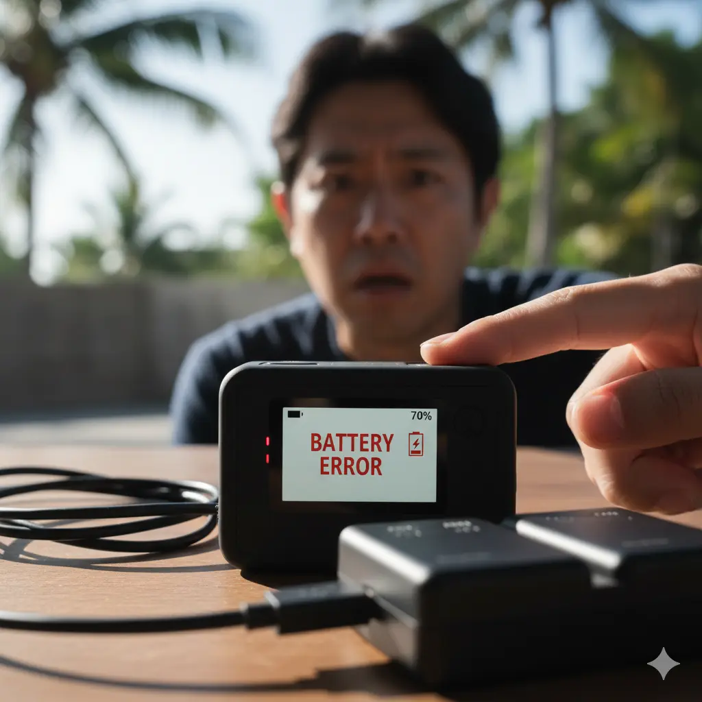 GoProのディスプレイにバッテリーエラーが表示され、充電器とケーブルがあるにも関わらず困惑する日本人男性