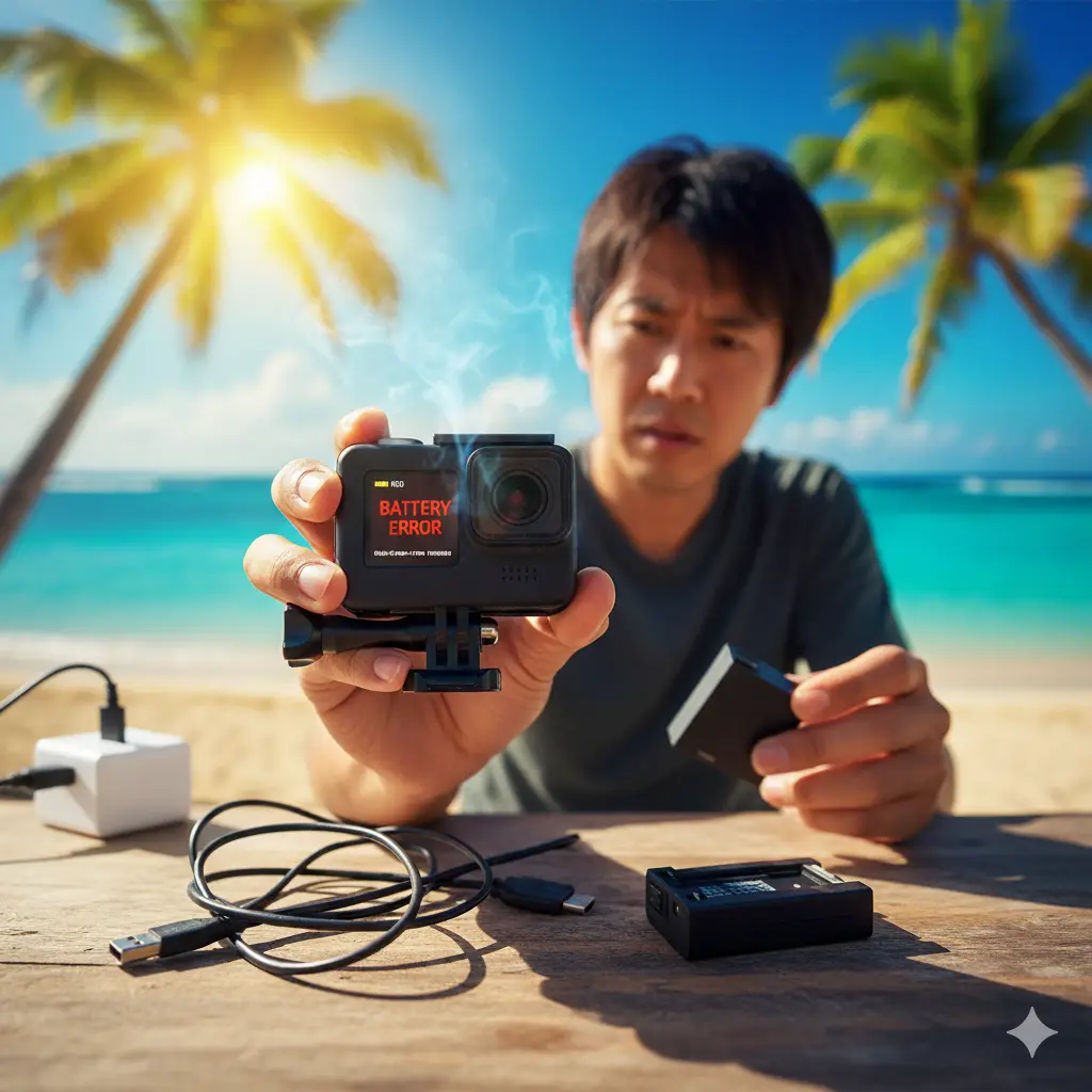 GoProから煙が出てバッテリーエラー表示に困惑する日本人男性