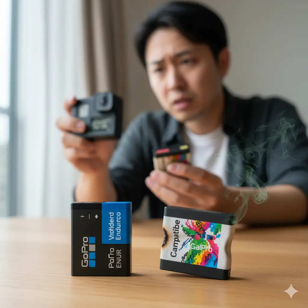 GoPro純正バッテリーと煙を出すサードパーティ製バッテリーを比較して困っている日本人男性