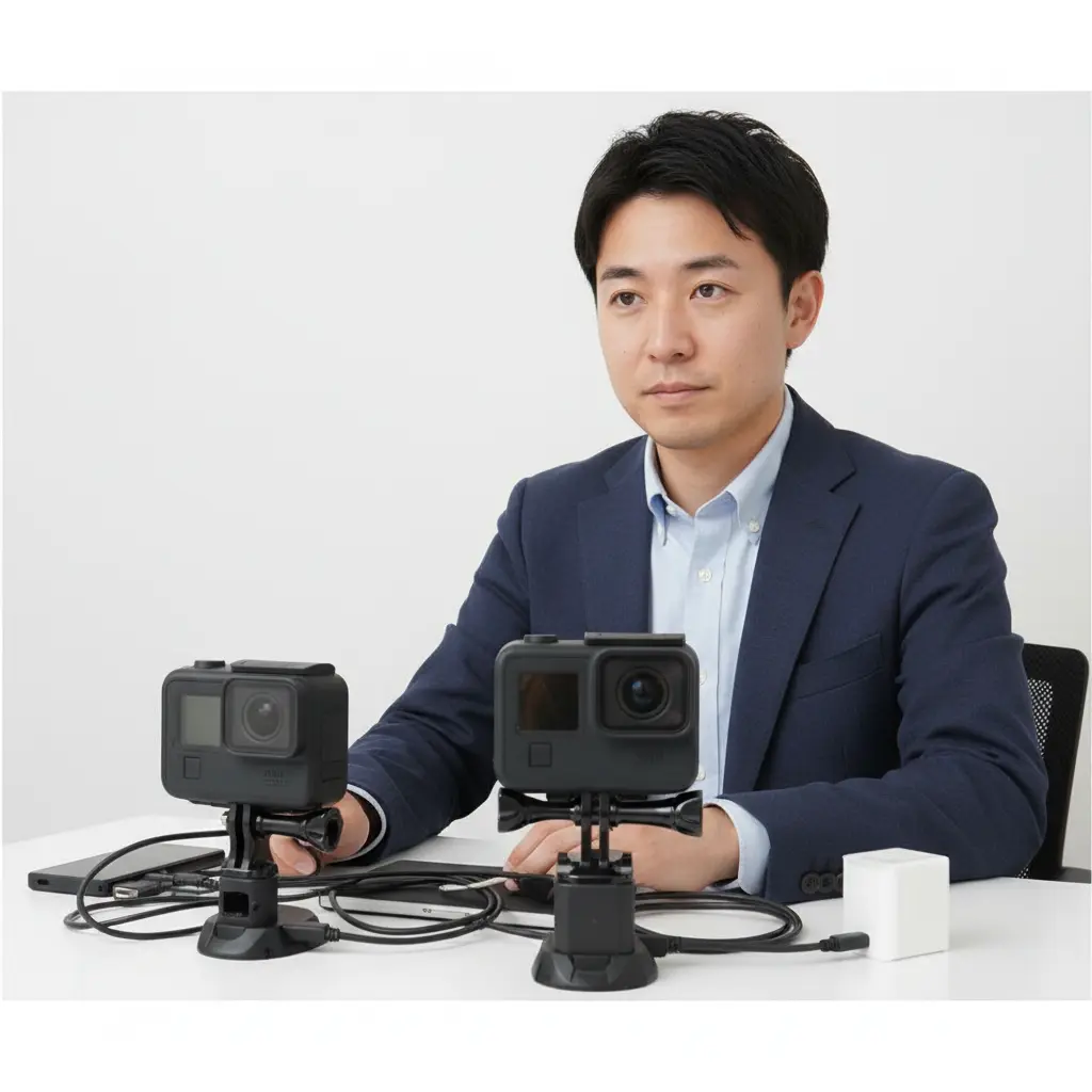2台のGoProと充電器を前にして充電トラブルについて考えている日本人男性