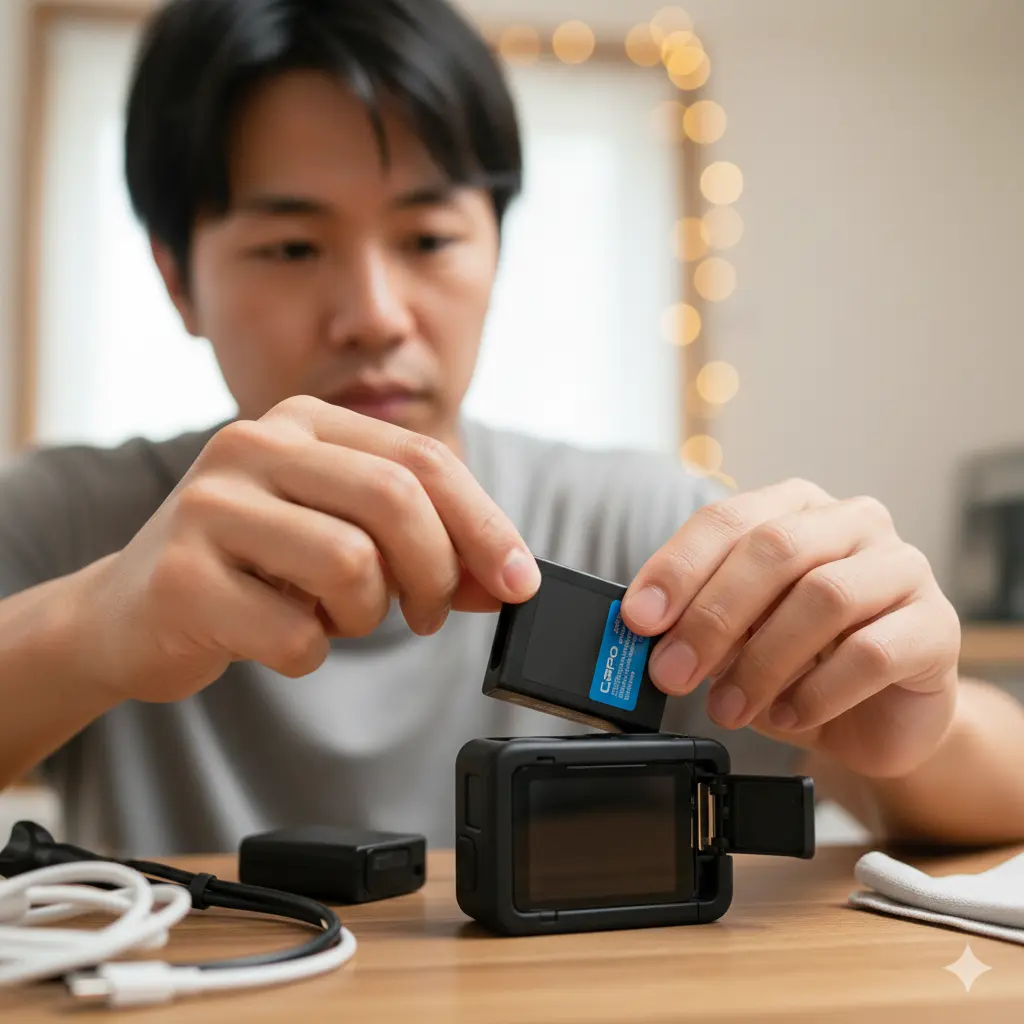 GoProからバッテリーを取り外している日本人男性