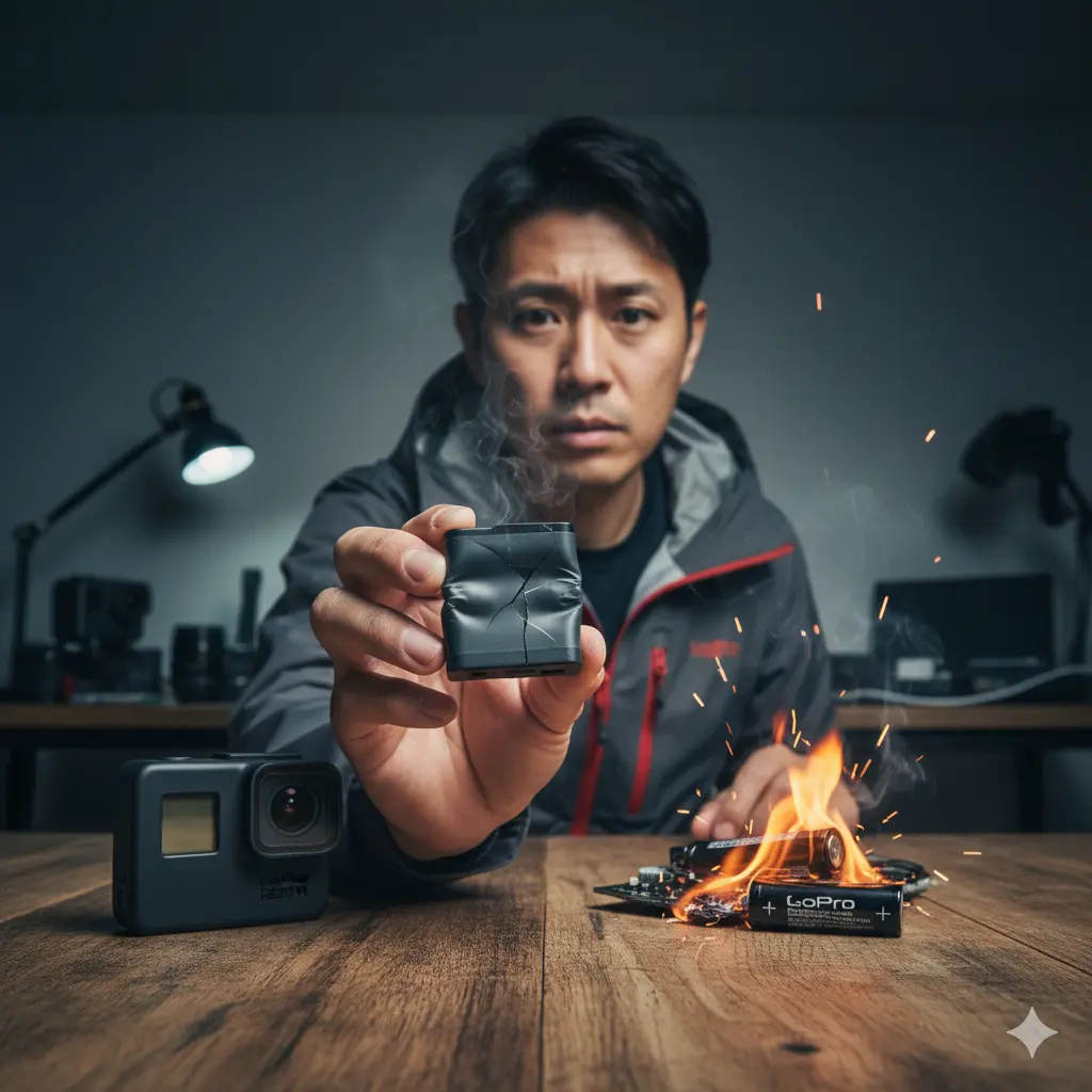 膨張したGoProバッテリーを持つアジア人男性。火花と煙が立ち上り、危険を警告している様子。