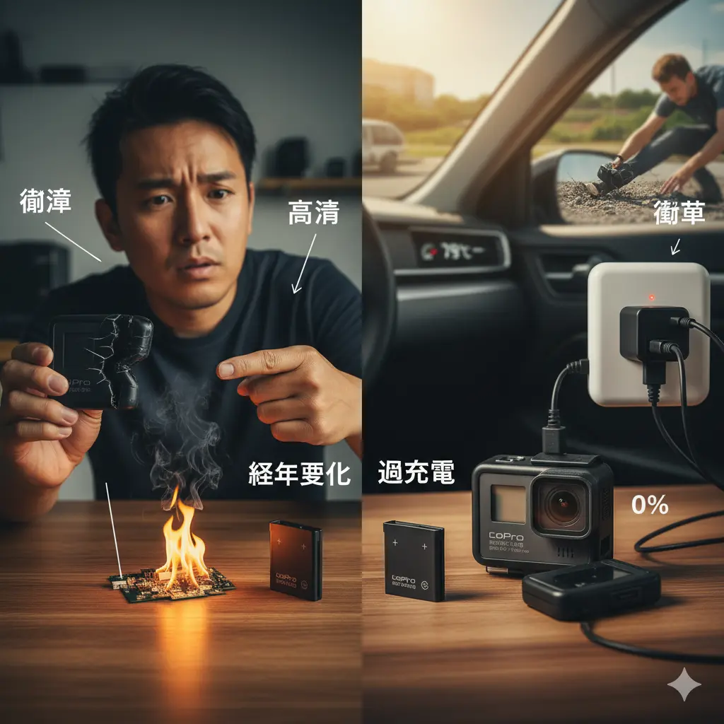 膨張したGoProバッテリーと発火したバッテリーを持つ男性、GoProが車内で充電されている様子、衝撃でバッテリーを落とす人、劣化したGoProバッテリー、過充電のGoProバッテリー。