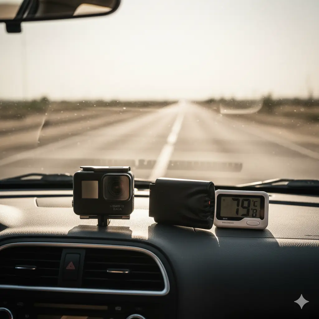 炎天下の車内ダッシュボードに置かれたGoProと、79℃を示すデジタル温度計。