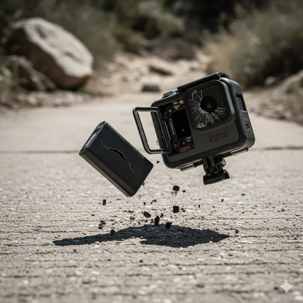 地面に落下し、壊れたGoProとその衝撃で破損したバッテリー。