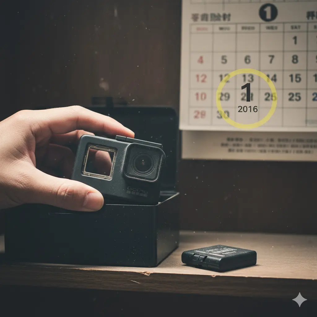 バッテリーを外したGoProカメラと、古いカレンダーの日付「2016年1月1日」が強調されている様子