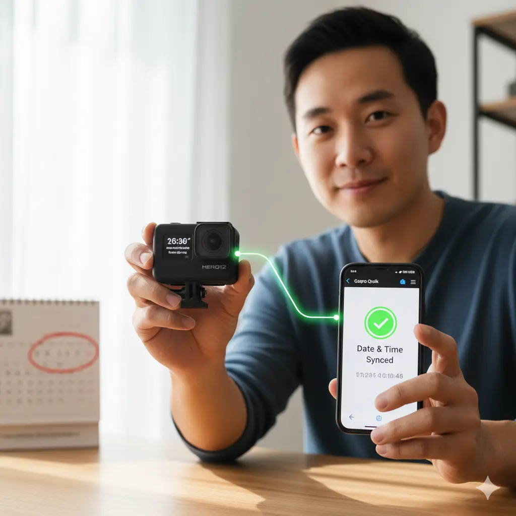 GoProをスマートフォンアプリQuikと同期させ、日付と時刻を補正する日本人男性