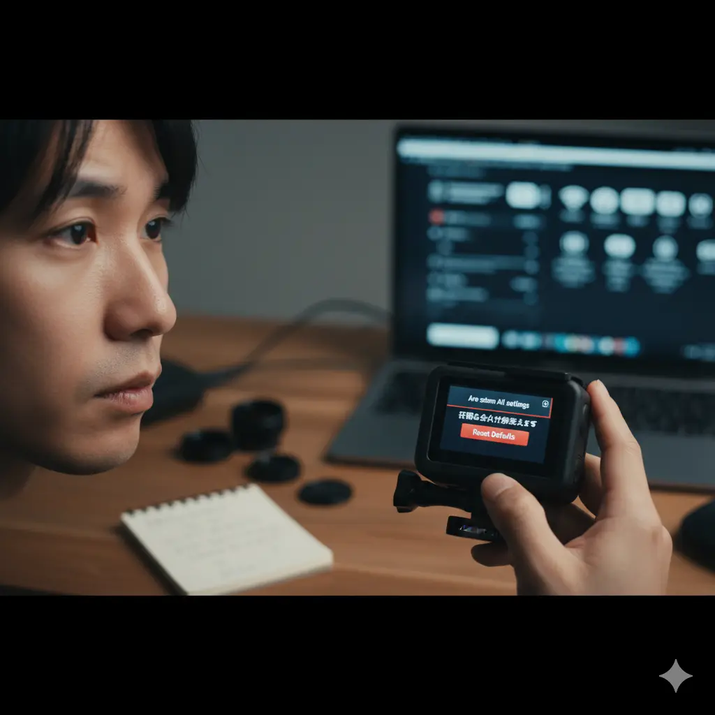 GoProの工場出荷時設定へのリセットを検討する日本人男性