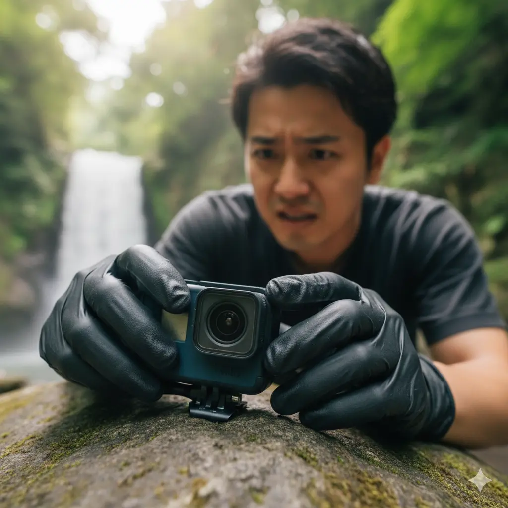 滝の近くでGoProのレンズカバーが固くて外れずに困っているアジア人男性。彼は黒い手袋を着用している。